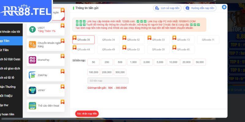 Tổng hợp phương thức nạp rút tiền RR88 hiện có